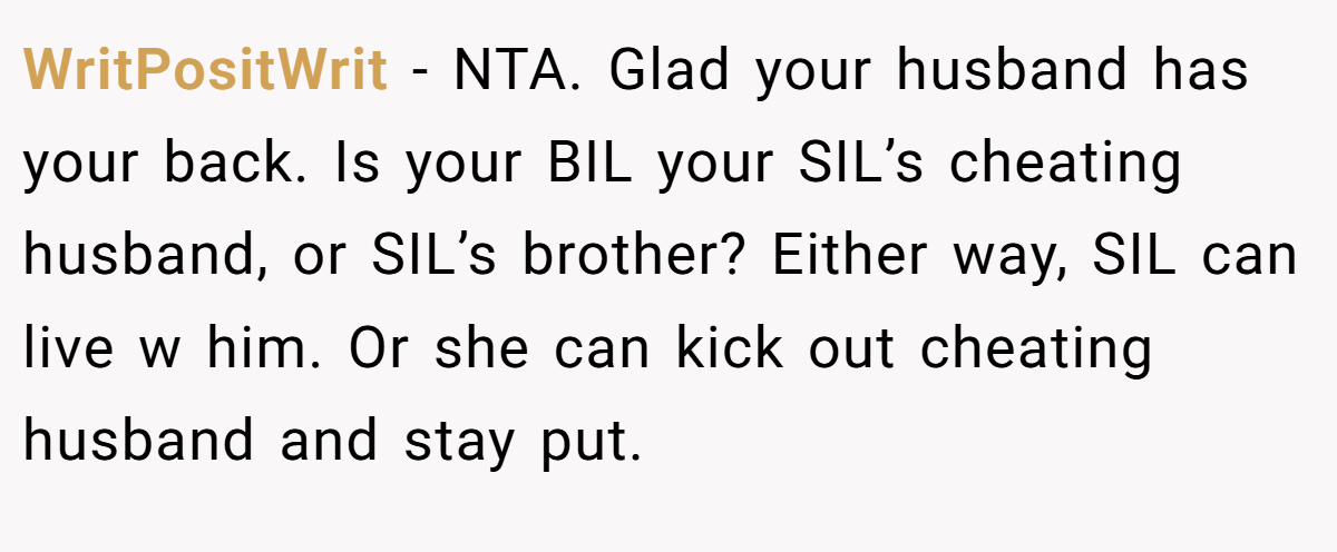 WritPositWrit − NTA. Glad your husband has your back. Is your BIL your SIL’s cheating husband, or SIL’s brother? Either way, SIL can live w him. Or she can kick out cheating husband and stay put.
