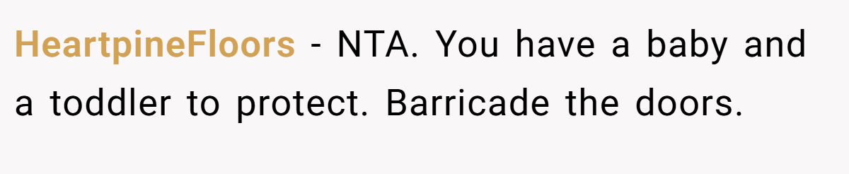 HeartpineFloors − NTA. You have a baby and a toddler to protect. Barricade the doors.