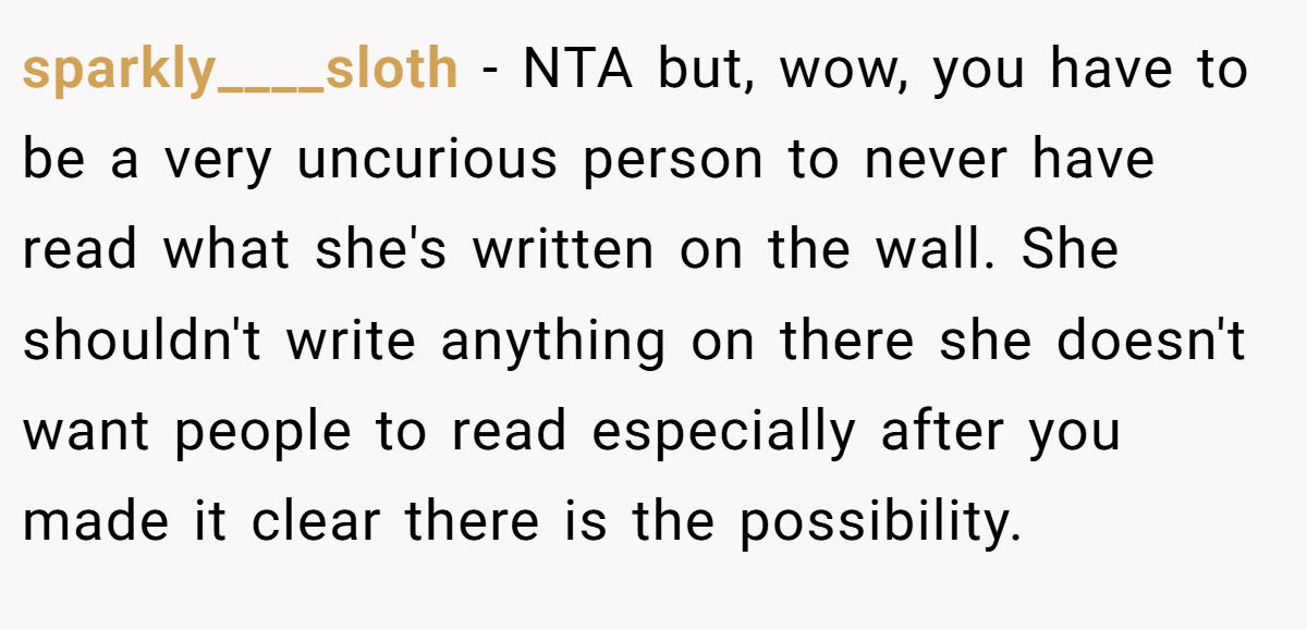 sparkly____sloth − NTA but, wow, you have to be a very uncurious person to never have read what she's written on the wall. She shouldn't write anything on there she doesn't want people to read especially after you made it clear there is the possibility.