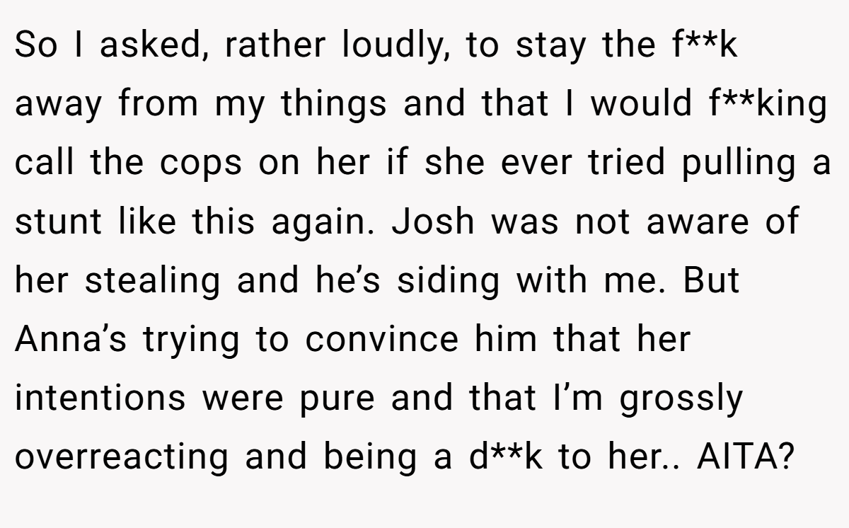 So I asked, rather loudly, to stay the f**k away from my things and that I would f**king call the cops on her if she ever tried pulling a stunt like this again. Josh was not aware of her stealing and he’s siding with me. But Anna’s trying to convince him that her intentions were pure and that I’m grossly overreacting and being a d**k to her.. AITA?