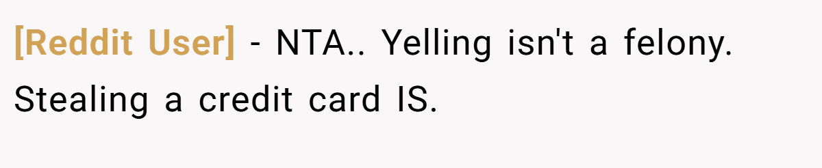 [Reddit User] − NTA.. Yelling isn't a felony. Stealing a credit card IS.