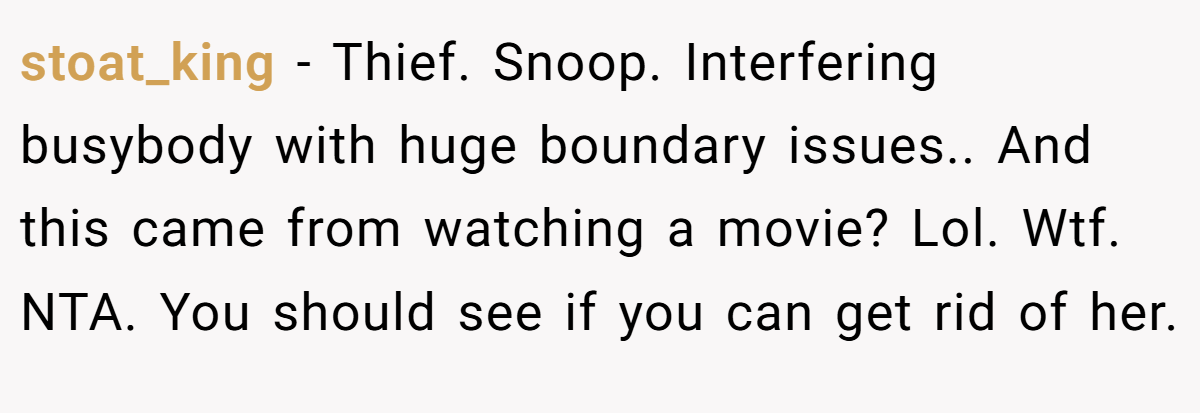 stoat_king − Thief. Snoop. Interfering busybody with huge boundary issues.. And this came from watching a movie? Lol. Wtf. NTA. You should see if you can get rid of her.