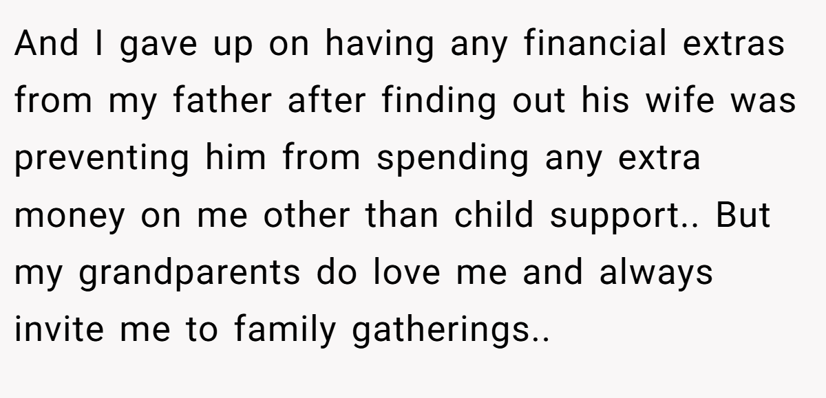 And I gave up on having any financial extras from my father after finding out his wife was preventing him from spending any extra money on me other than child support.. But my grandparents do love me and always invite me to family gatherings..