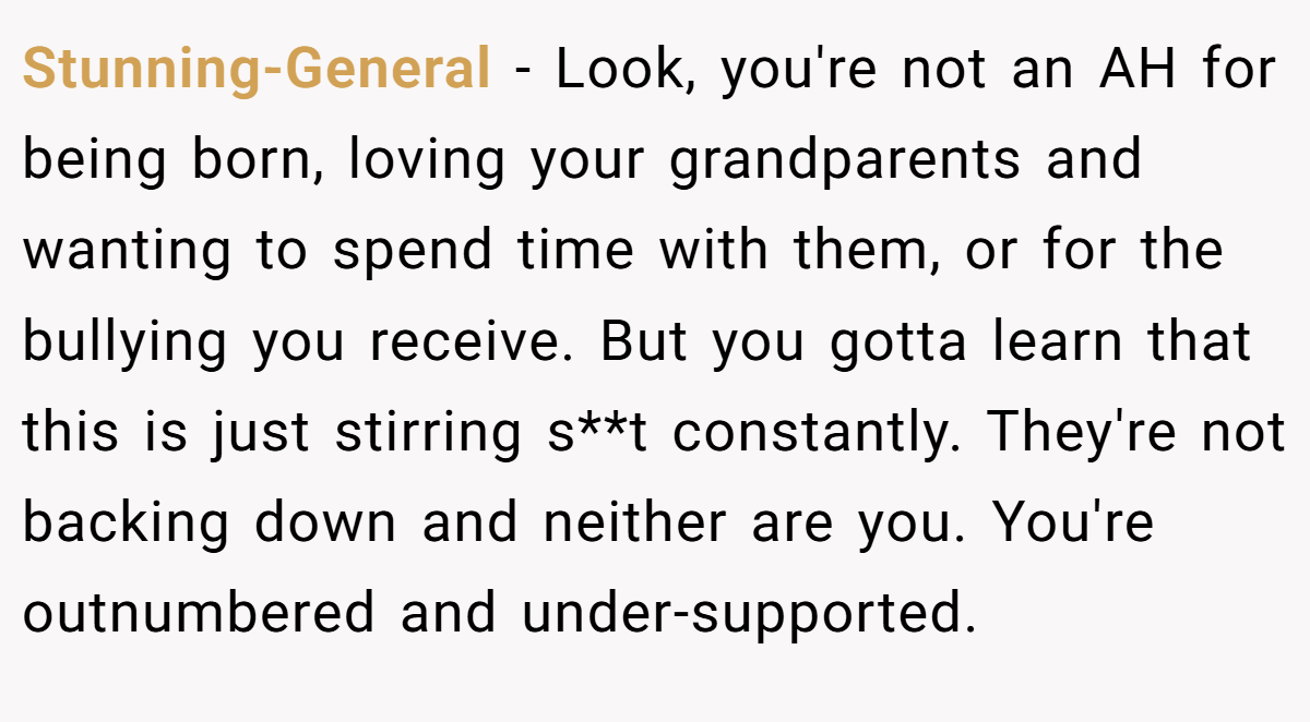 Stunning-General − Look, you're not an AH for being born, loving your grandparents and wanting to spend time with them, or for the bullying you receive. But you gotta learn that this is just stirring s**t constantly. They're not backing down and neither are you. You're outnumbered and under-supported.
