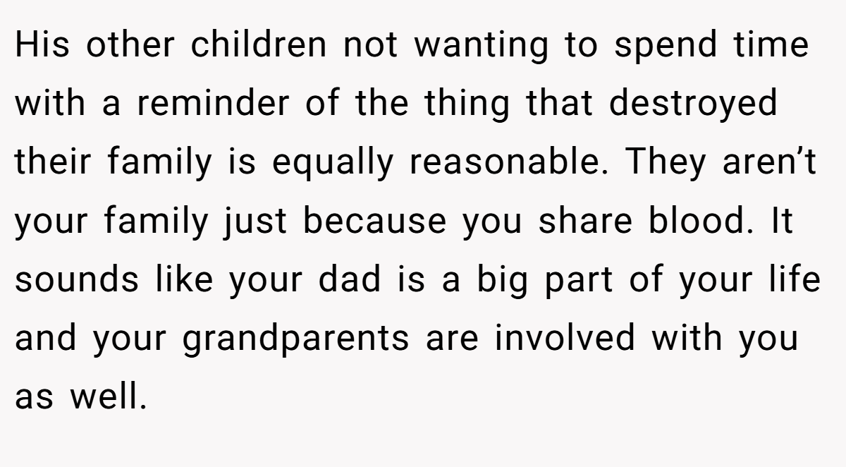 His other children not wanting to spend time with a reminder of the thing that destroyed their family is equally reasonable. They aren’t your family just because you share blood. It sounds like your dad is a big part of your life and your grandparents are involved with you as well.
