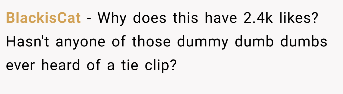 BlackisCat − Why does this have 2.4k likes? Hasn't anyone of those dummy dumb dumbs ever heard of a tie clip?
