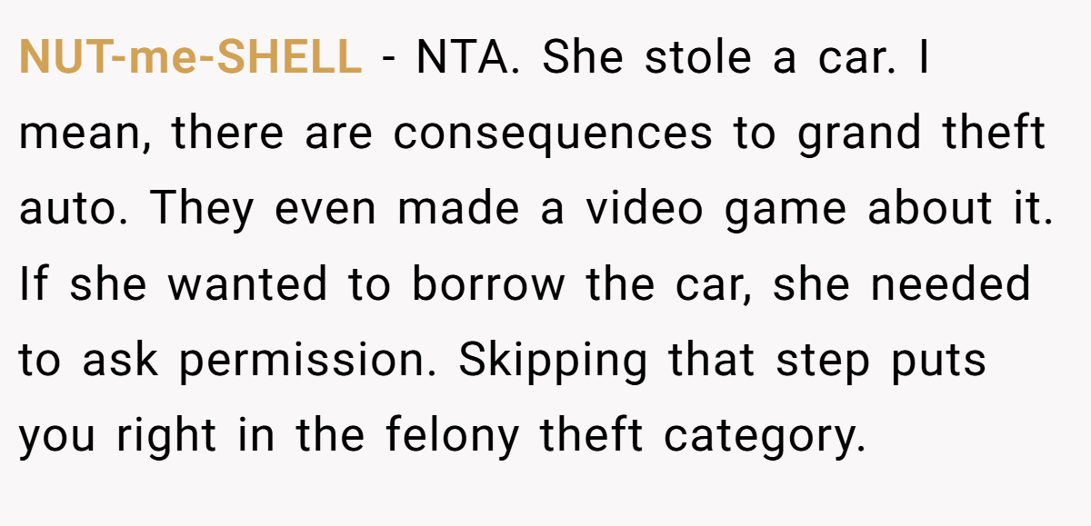 NUT-me-SHELL − NTA. She stole a car. I mean, there are consequences to grand theft auto. They even made a video game about it. If she wanted to borrow the car, she needed to ask permission. Skipping that step puts you right in the felony theft category.