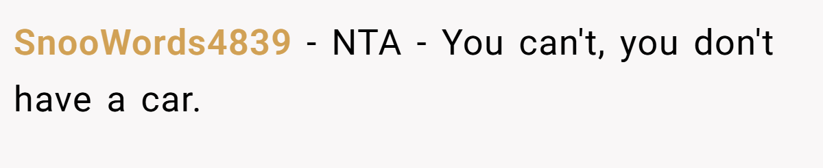 SnooWords4839 − NTA - You can't, you don't have a car.