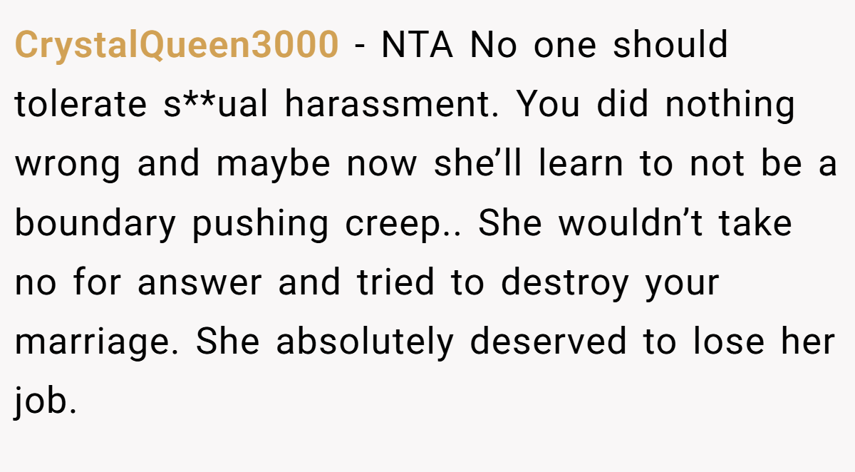CrystalQueen3000 − NTA No one should tolerate s**ual harassment. You did nothing wrong and maybe now she’ll learn to not be a boundary pushing creep.. She wouldn’t take no for answer and tried to destroy your marriage. She absolutely deserved to lose her job.