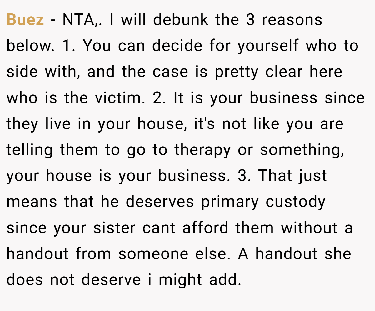 Buez − NTA,. I will debunk the 3 reasons below. 1. You can decide for yourself who to side with, and the case is pretty clear here who is the victim. 2. It is your business since they live in your house, it's not like you are telling them to go to therapy or something, your house is your business. 3. That just means that he deserves primary custody since your sister cant afford them without a handout from someone else. A handout she does not deserve i might add.