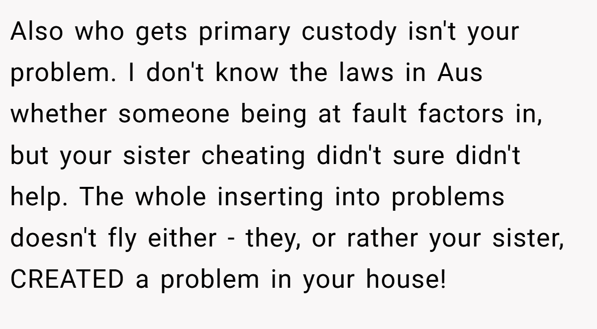 Also who gets primary custody isn't your problem. I don't know the laws in Aus whether someone being at fault factors in, but your sister cheating didn't sure didn't help. The whole inserting into problems doesn't fly either - they, or rather your sister, CREATED a problem in your house!