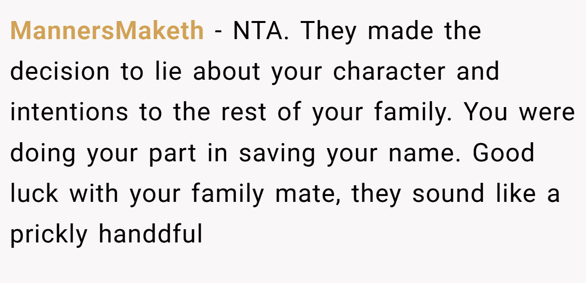 MannersMaketh − NTA. They made the decision to lie about your character and intentions to the rest of your family. You were doing your part in saving your name. Good luck with your family mate, they sound like a prickly handdful