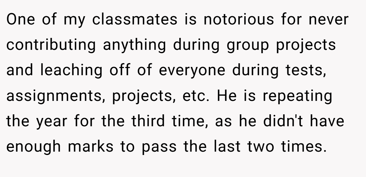 One of my classmates is notorious for never contributing anything during group projects and leaching off of everyone during tests, assignments, projects, etc. He is repeating the year for the third time, as he didn't have enough marks to pass the last two times.