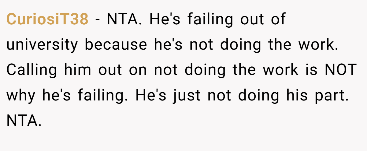 CuriosiT38 − NTA. He's failing out of university because he's not doing the work. Calling him out on not doing the work is NOT why he's failing. He's just not doing his part. NTA.