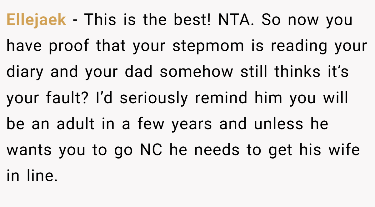 Ellejaek − This is the best! NTA. So now you have proof that your stepmom is reading your diary and your dad somehow still thinks it’s your fault? I’d seriously remind him you will be an adult in a few years and unless he wants you to go NC he needs to get his wife in line.