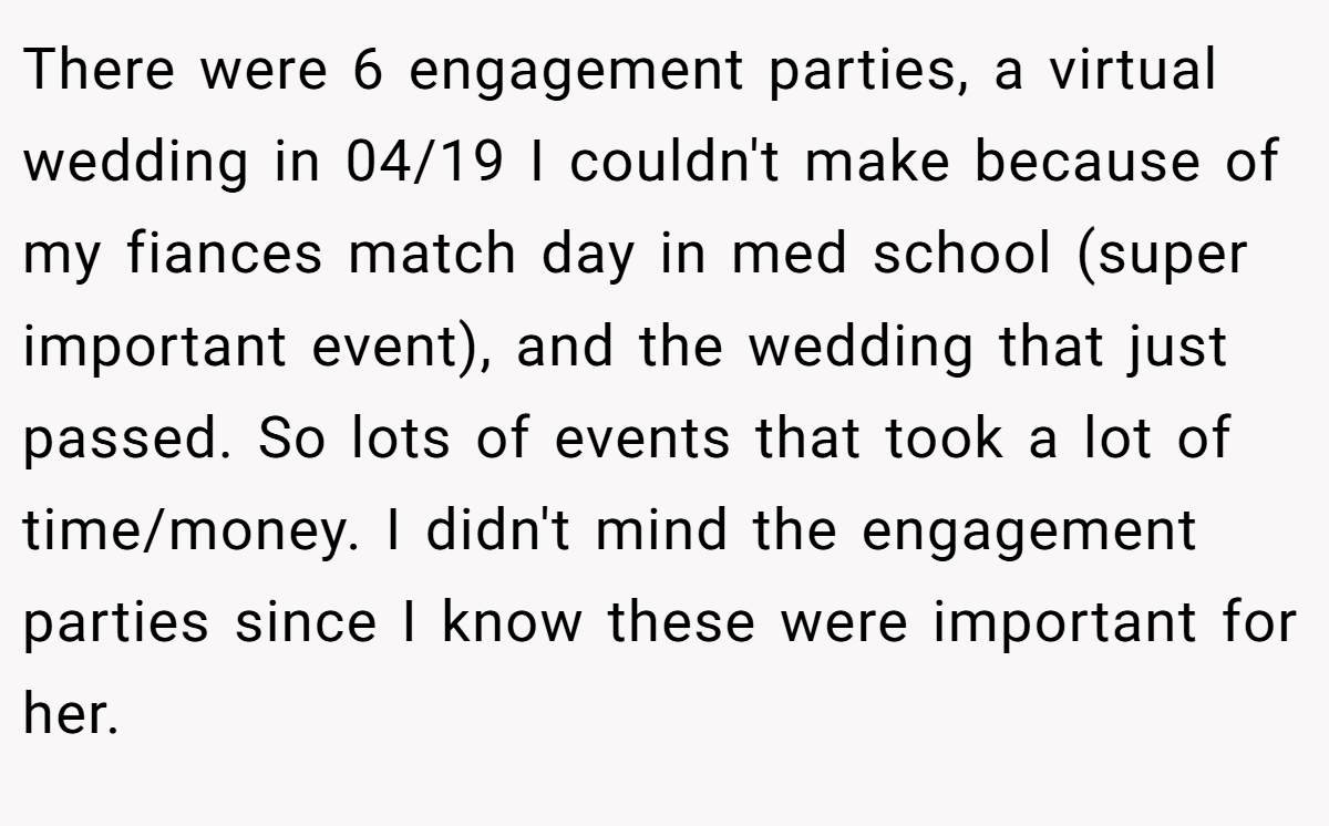 There were 6 engagement parties, a virtual wedding in 04/19 I couldn't make because of my fiances match day in med school (super important event), and the wedding that just passed. So lots of events that took a lot of time/money. I didn't mind the engagement parties since I know these were important for her.