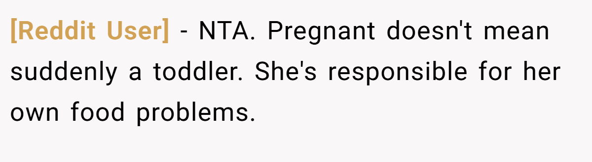 [Reddit User] − NTA. Pregnant doesn't mean suddenly a toddler. She's responsible for her own food problems.