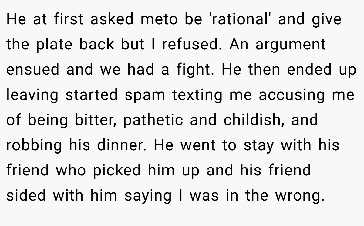 He at first asked meto be 'rational' and give the plate back but I refused. An argument ensued and we had a fight. He then ended up leaving started spam texting me accusing me of being bitter, pathetic and childish, and robbing his dinner. He went to stay with his friend who picked him up and his friend sided with him saying I was in the wrong.
