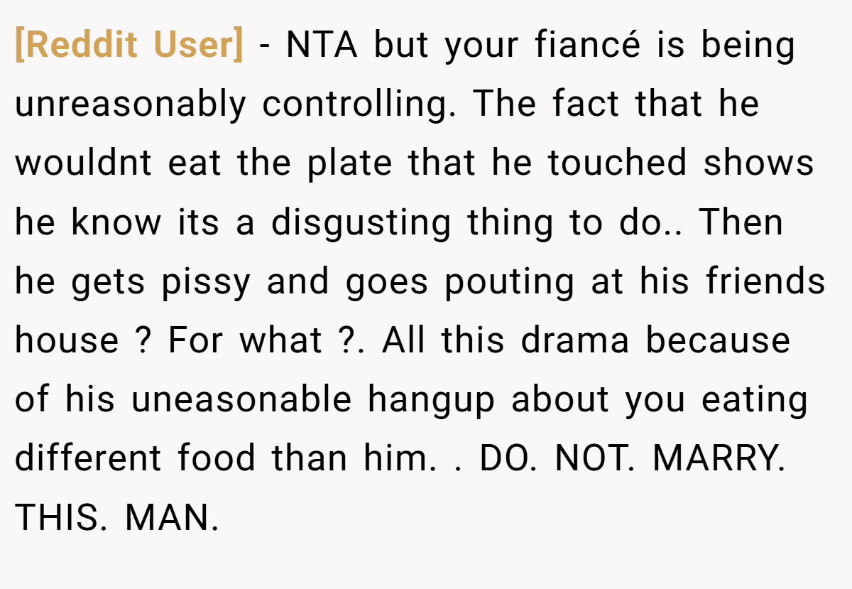 [Reddit User] − NTA but your fiancé is being unreasonably controlling. The fact that he wouldnt eat the plate that he touched shows he know its a disgusting thing to do.. Then he gets pissy and goes pouting at his friends house ? For what ?. All this drama because of his uneasonable hangup about you eating different food than him. ​. DO. NOT. MARRY. THIS. MAN.