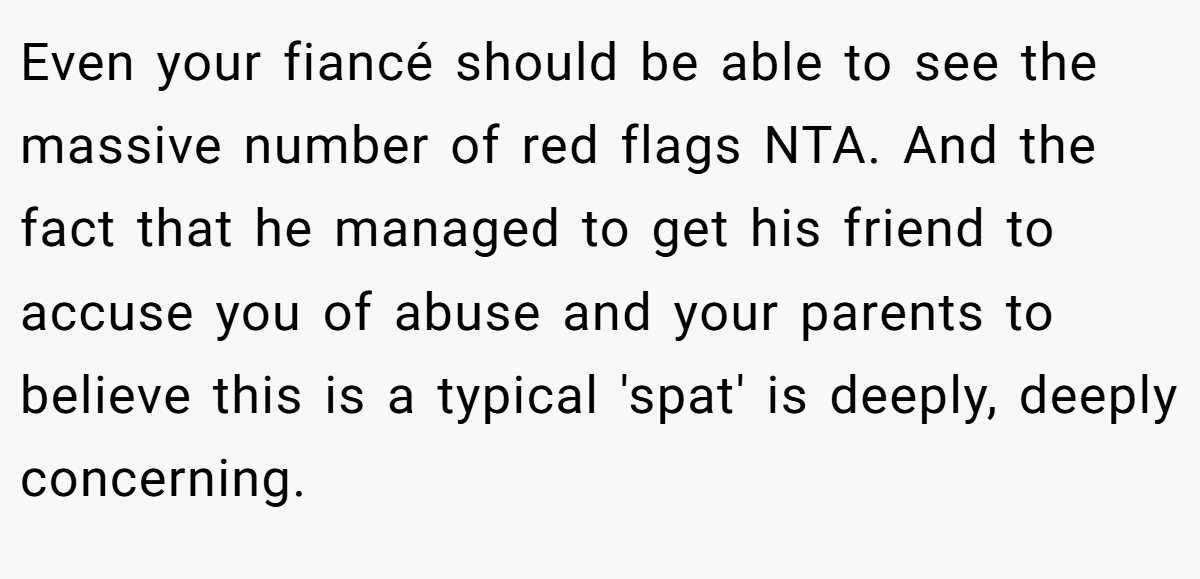 Even your fiancé should be able to see the massive number of red flags NTA. And the fact that he managed to get his friend to accuse you of abuse and your parents to believe this is a typical 'spat' is deeply, deeply concerning.