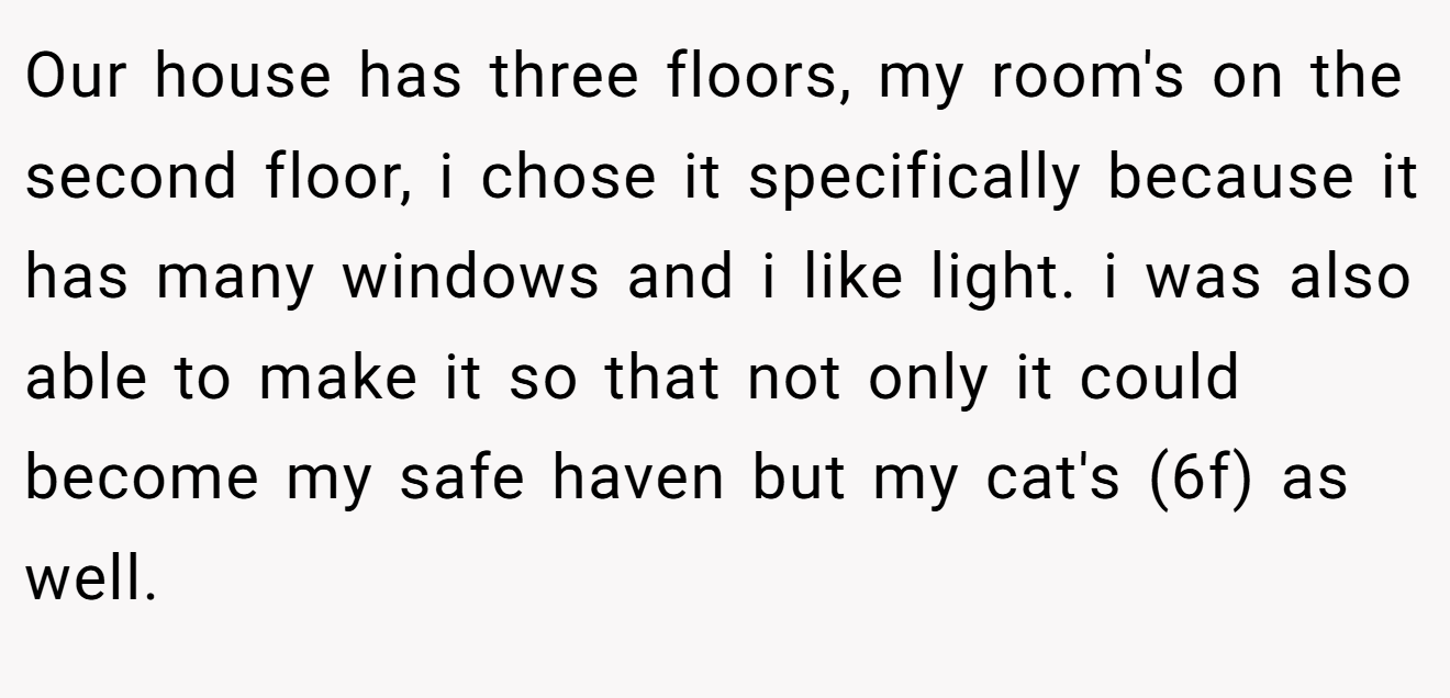 Our house has three floors, my room's on the second floor, i chose it specifically because it has many windows and i like light. i was also able to make it so that not only it could become my safe haven but my cat's (6f) as well.