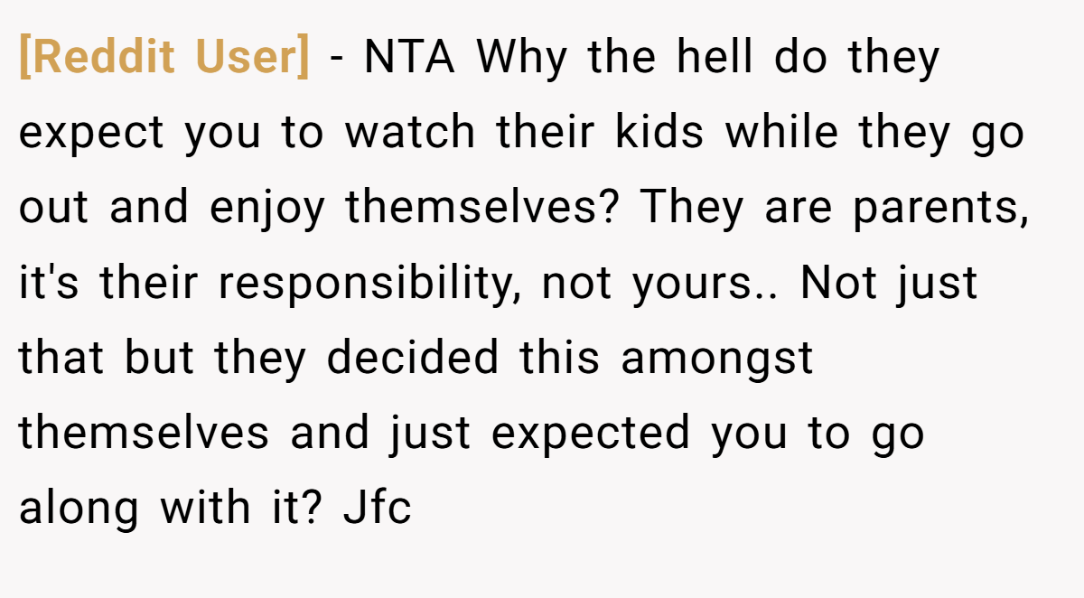 [Reddit User] − NTA Why the hell do they expect you to watch their kids while they go out and enjoy themselves? They are parents, it's their responsibility, not yours.. Not just that but they decided this amongst themselves and just expected you to go along with it? Jfc