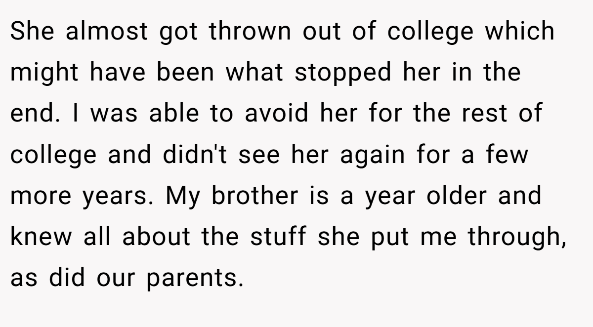 She almost got thrown out of college which might have been what stopped her in the end. I was able to avoid her for the rest of college and didn't see her again for a few more years. My brother is a year older and knew all about the stuff she put me through, as did our parents.
