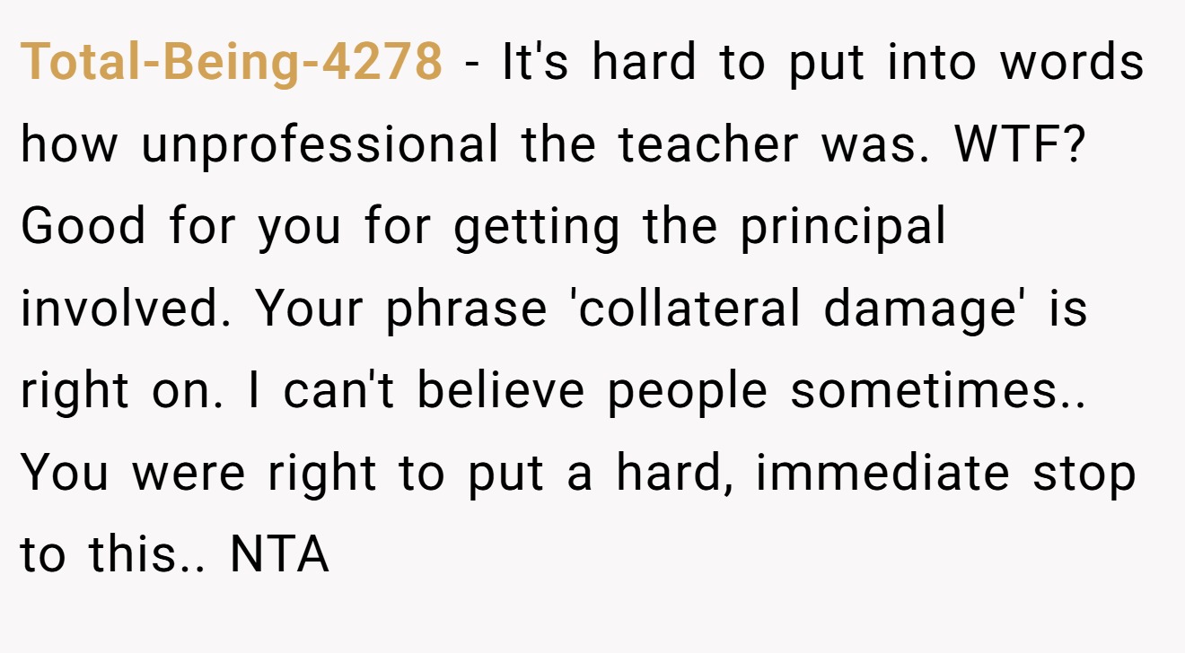 Total-Being-4278 − It's hard to put into words how unprofessional the teacher was. WTF? Good for you for getting the principal involved. Your phrase 'collateral damage' is right on. I can't believe people sometimes.. You were right to put a hard, immediate stop to this.. NTA