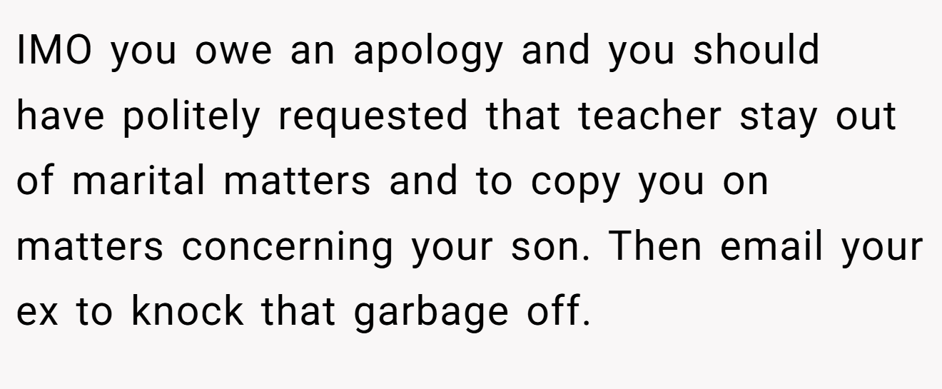 IMO you owe an apology and you should have politely requested that teacher stay out of marital matters and to copy you on matters concerning your son. Then email your ex to knock that garbage off.