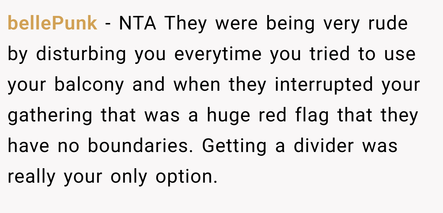 bellePunk − NTA They were being very rude by disturbing you everytime you tried to use your balcony and when they interrupted your gathering that was a huge red flag that they have no boundaries. Getting a divider was really your only option.