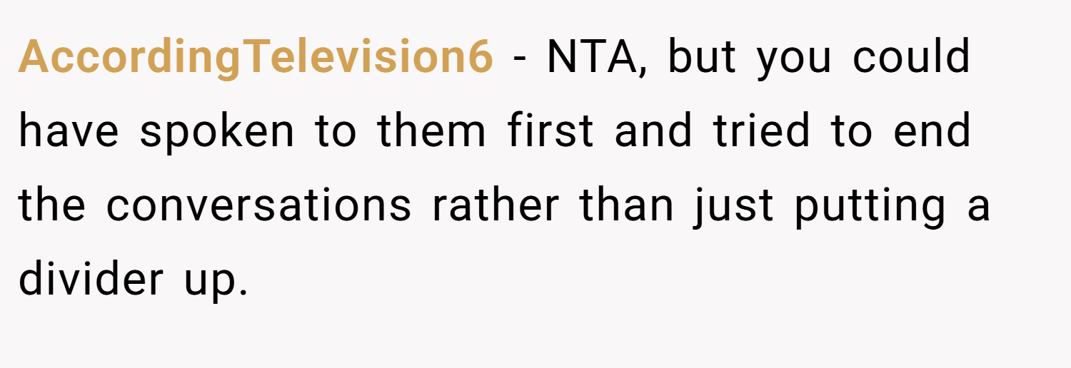 AccordingTelevision6 − NTA, but you could have spoken to them first and tried to end the conversations rather than just putting a divider up.