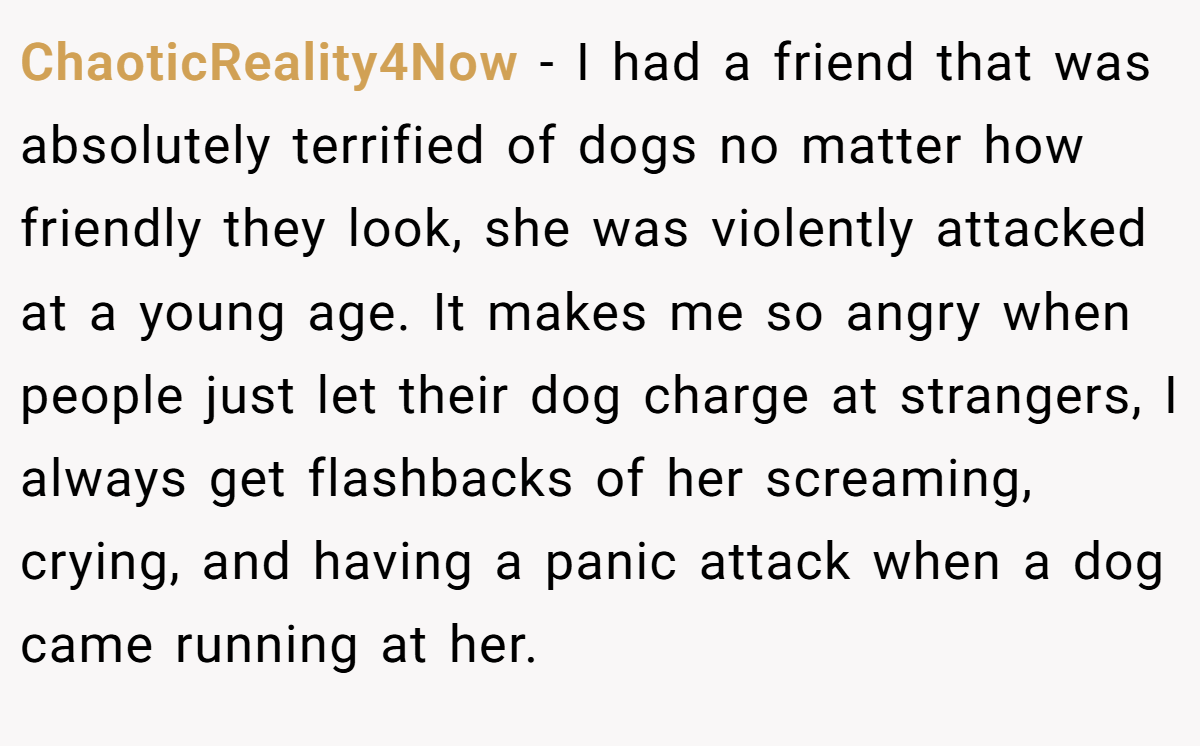 ChaoticReality4Now − I had a friend that was absolutely terrified of dogs no matter how friendly they look, she was violently attacked at a young age. It makes me so angry when people just let their dog charge at strangers, I always get flashbacks of her screaming, crying, and having a panic attack when a dog came running at her.