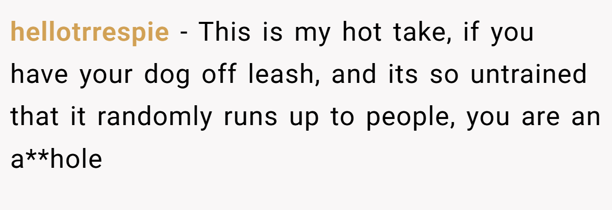 hellotrrespie − This is my hot take, if you have your dog off leash, and its so untrained that it randomly runs up to people, you are an a**hole