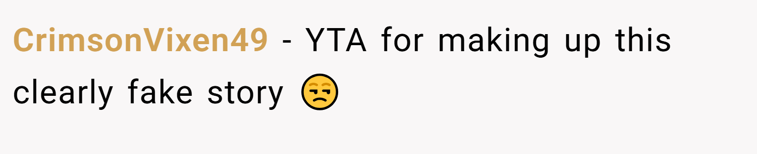 CrimsonVixen49 − YTA for making up this clearly fake story 😒