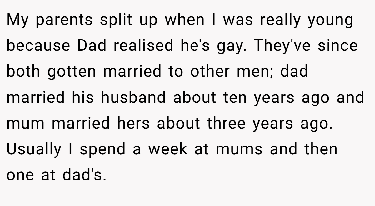 My parents split up when I was really young because Dad realised he's gay. They've since both gotten married to other men; dad married his husband about ten years ago and mum married hers about three years ago. Usually I spend a week at mums and then one at dad's.