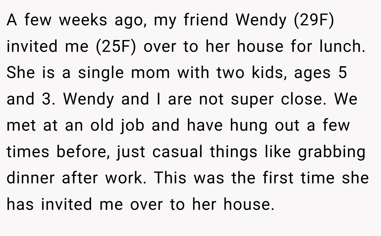A few weeks ago, my friend Wendy (29F) invited me (25F) over to her house for lunch. She is a single mom with two kids, ages 5 and 3. Wendy and I are not super close. We met at an old job and have hung out a few times before, just casual things like grabbing dinner after work. This was the first time she has invited me over to her house.