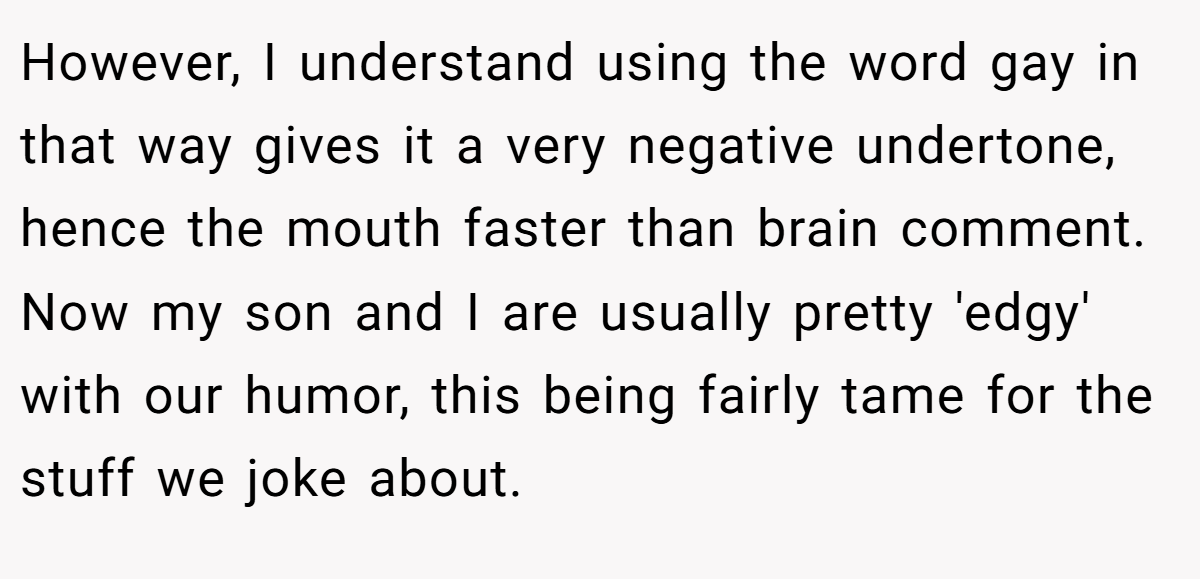 However, I understand using the word gay in that way gives it a very negative undertone, hence the mouth faster than brain comment. Now my son and I are usually pretty 'edgy' with our humor, this being fairly tame for the stuff we joke about.