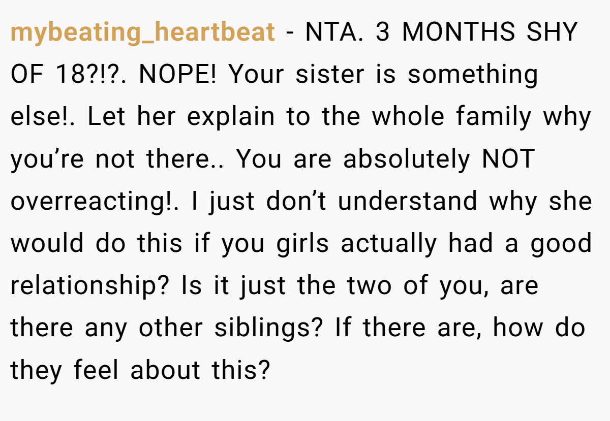 mybeating_heartbeat − NTA. 3 MONTHS SHY OF 18?!?. NOPE! Your sister is something else!. Let her explain to the whole family why you’re not there.. You are absolutely NOT overreacting!. I just don’t understand why she would do this if you girls actually had a good relationship? Is it just the two of you, are there any other siblings? If there are, how do they feel about this?