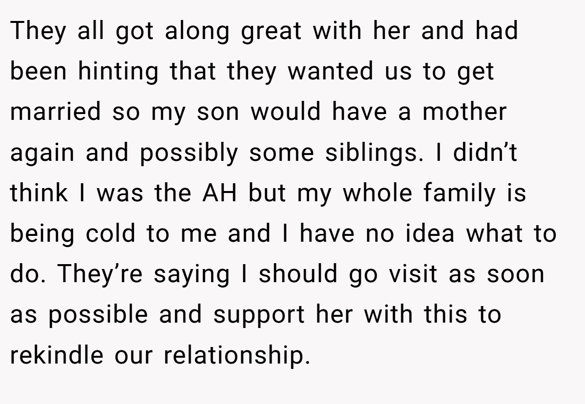 They all got along great with her and had been hinting that they wanted us to get married so my son would have a mother again and possibly some siblings. I didn’t think I was the AH but my whole family is being cold to me and I have no idea what to do. They’re saying I should go visit as soon as possible and support her with this to rekindle our relationship.