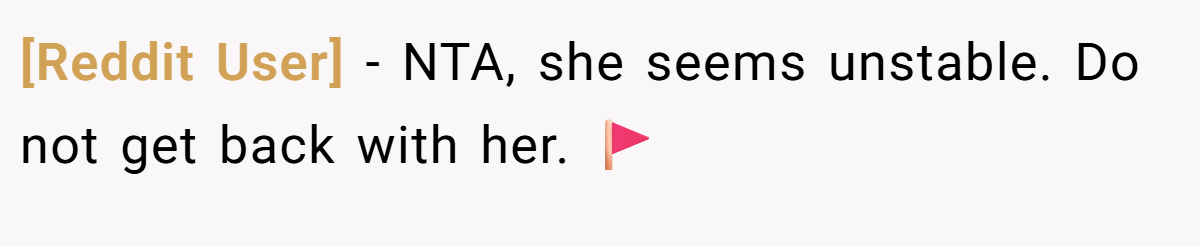 [Reddit User] − NTA, she seems unstable. Do not get back with her. 🚩