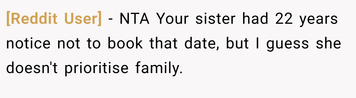 [Reddit User] − NTA Your sister had 22 years notice not to book that date, but I guess she doesn't prioritise family.