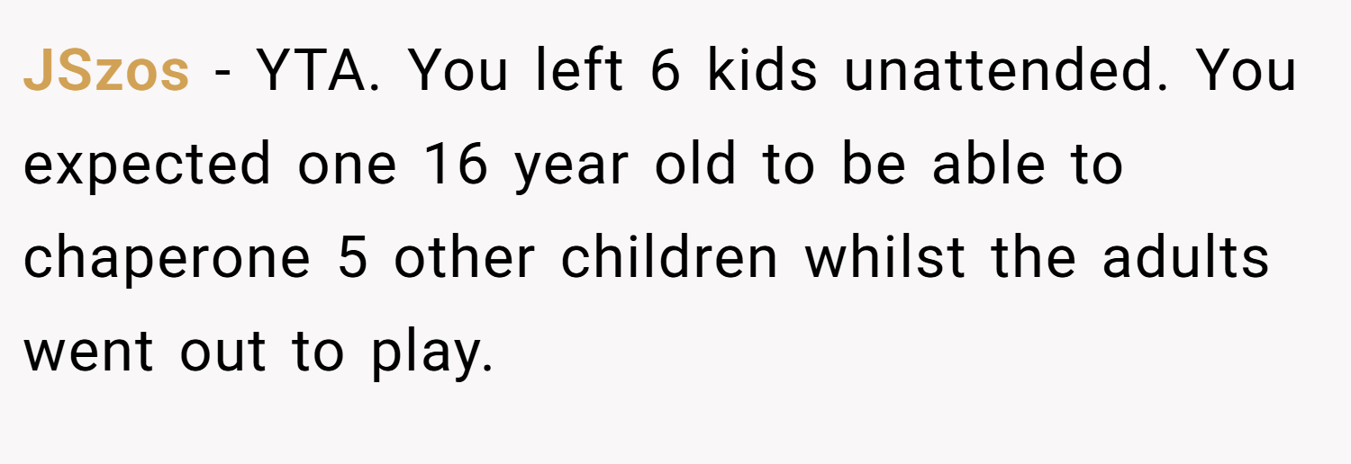 JSzos − YTA. You left 6 kids unattended. You expected one 16 year old to be able to chaperone 5 other children whilst the adults went out to play.