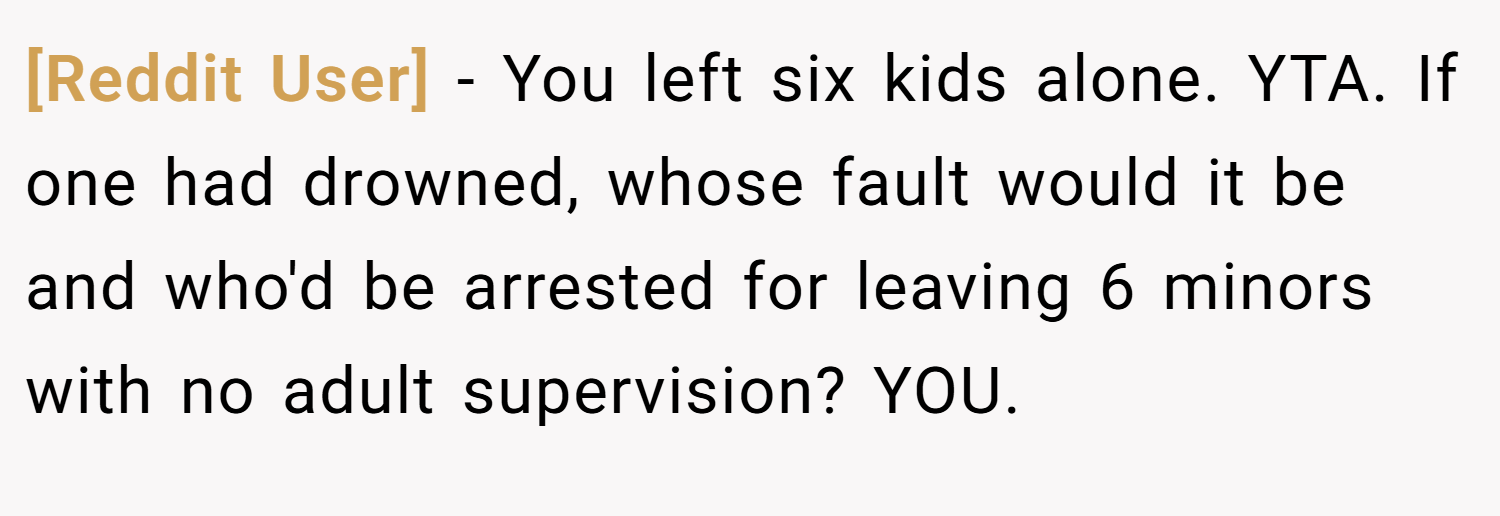 [Reddit User] − You left six kids alone. YTA. If one had drowned, whose fault would it be and who'd be arrested for leaving 6 minors with no adult supervision? YOU.