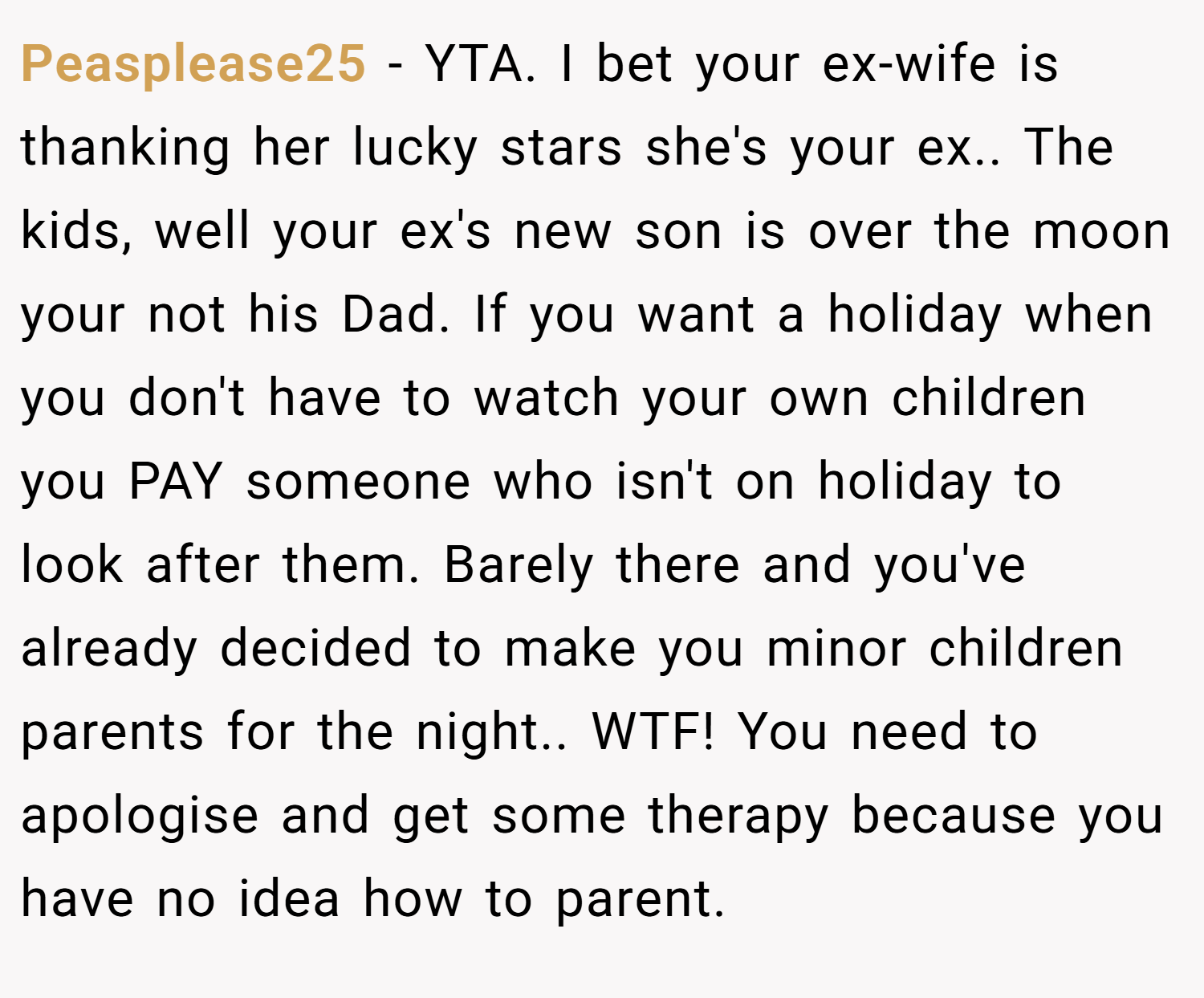 Peasplease25 − YTA. I bet your ex-wife is thanking her lucky stars she's your ex.. The kids, well your ex's new son is over the moon your not his Dad. If you want a holiday when you don't have to watch your own children you PAY someone who isn't on holiday to look after them. Barely there and you've already decided to make you minor children parents for the night.. WTF! You need to apologise and get some therapy because you have no idea how to parent.