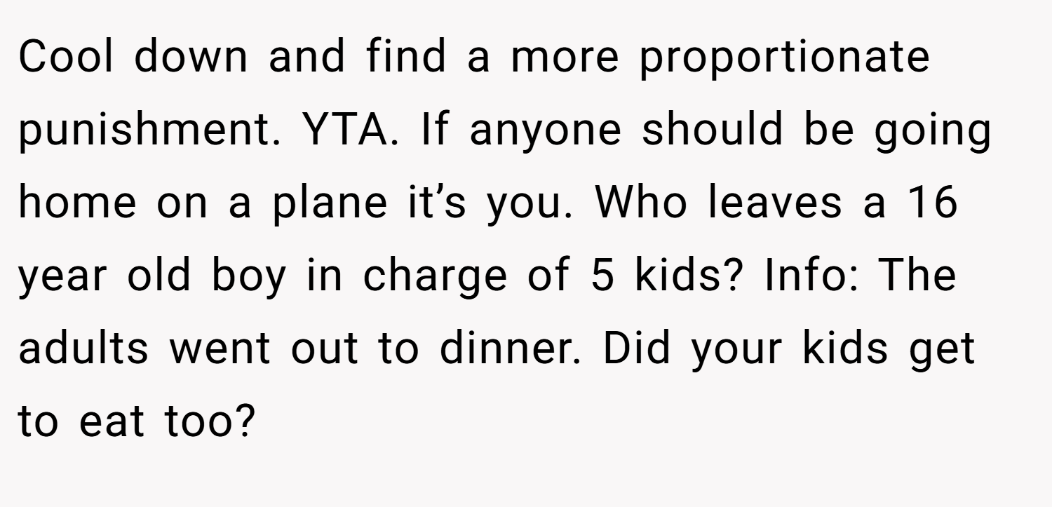 Cool down and find a more proportionate punishment. YTA. If anyone should be going home on a plane it’s you. Who leaves a 16 year old boy in charge of 5 kids? Info: The adults went out to dinner. Did your kids get to eat too?