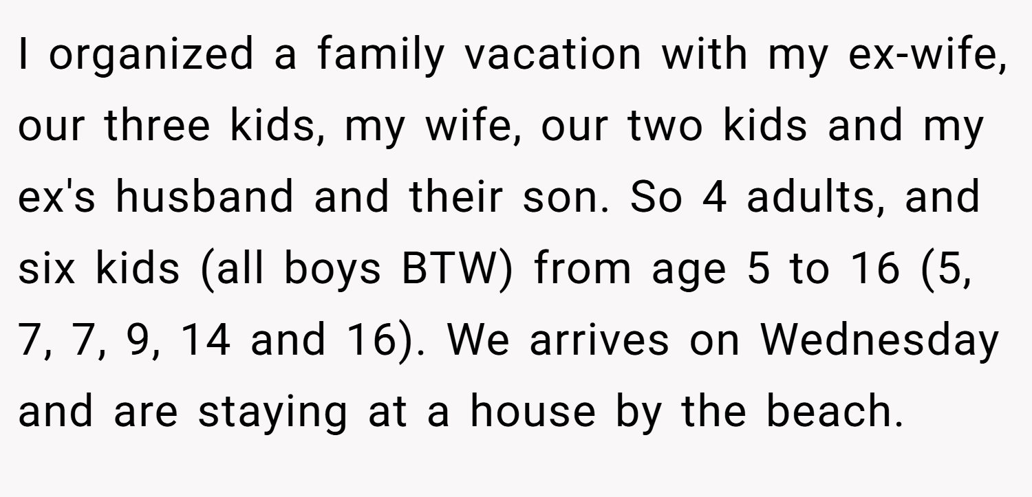 I organized a family vacation with my ex-wife, our three kids, my wife, our two kids and my ex's husband and their son. So 4 adults, and six kids (all boys BTW) from age 5 to 16 (5, 7, 7, 9, 14 and 16). We arrives on Wednesday and are staying at a house by the beach.