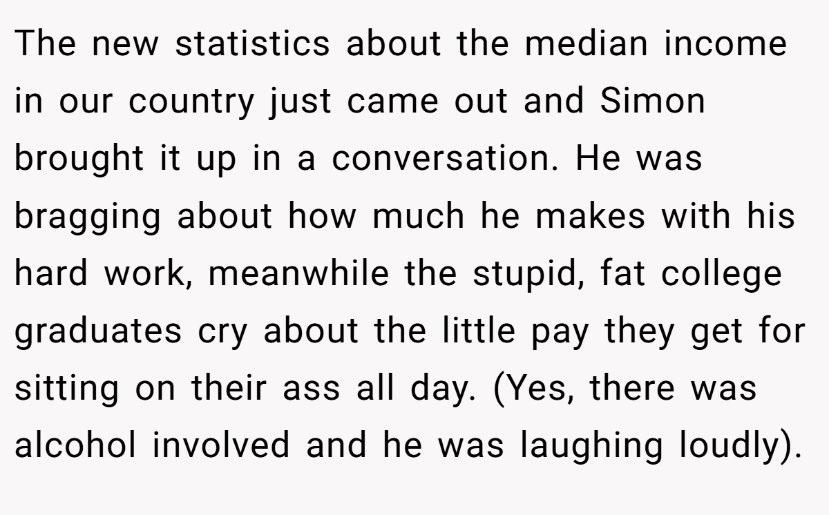 The new statistics about the median income in our country just came out and Simon brought it up in a conversation. He was bragging about how much he makes with his hard work, meanwhile the stupid, fat college graduates cry about the little pay they get for sitting on their ass all day. (Yes, there was alcohol involved and he was laughing loudly).