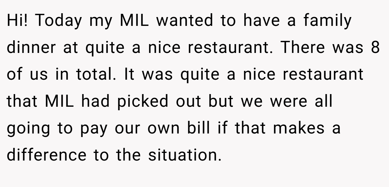 Hi! Today my MIL wanted to have a family dinner at quite a nice restaurant. There was 8 of us in total. It was quite a nice restaurant that MIL had picked out but we were all going to pay our own bill if that makes a difference to the situation.