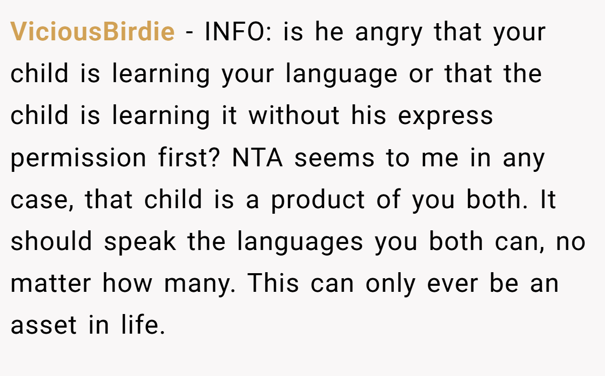 ViciousBirdie − INFO: is he angry that your child is learning your language or that the child is learning it without his express permission first? NTA seems to me in any case, that child is a product of you both. It should speak the languages you both can, no matter how many. This can only ever be an asset in life.