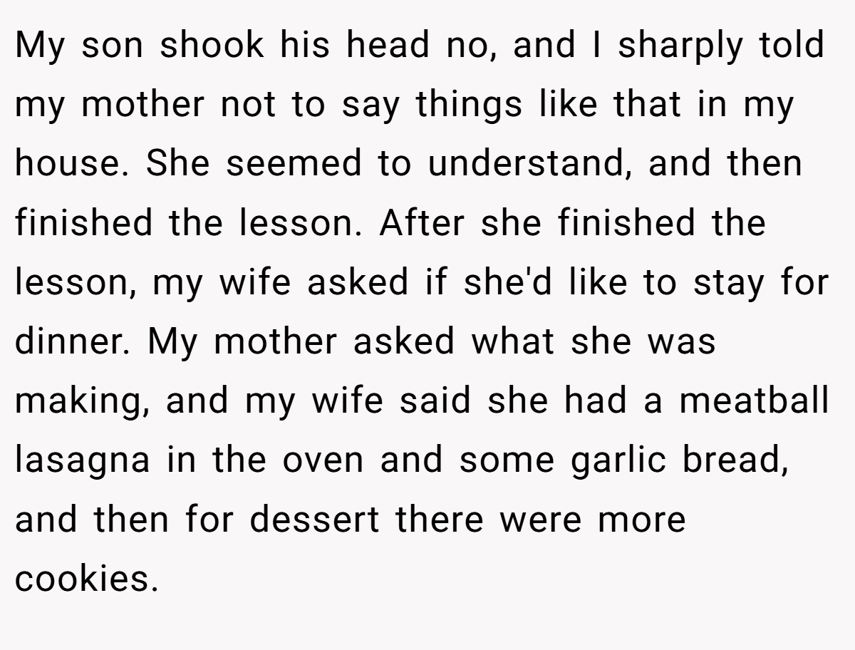 My son shook his head no, and I sharply told my mother not to say things like that in my house. She seemed to understand, and then finished the lesson. After she finished the lesson, my wife asked if she'd like to stay for dinner. My mother asked what she was making, and my wife said she had a meatball lasagna in the oven and some garlic bread, and then for dessert there were more cookies.